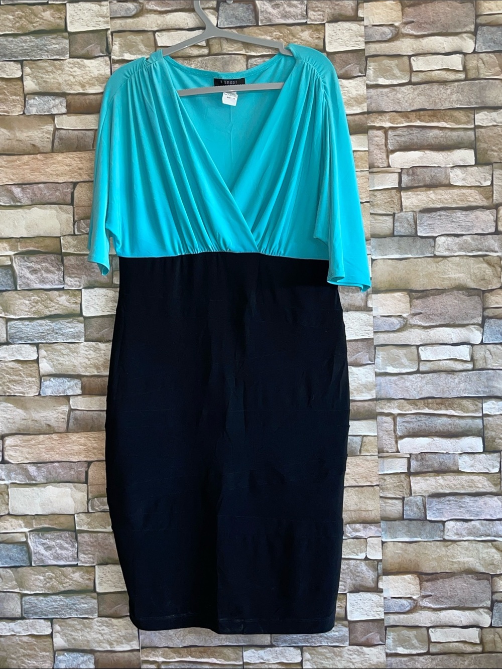 Sleeve Wrap Colorblock Dress - Turquoise & Black